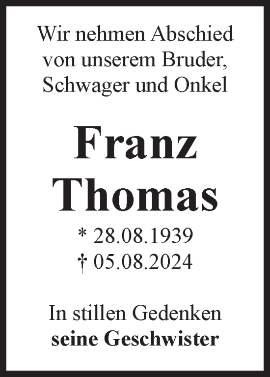 Traueranzeige von Franz Thomas von Volksstimme Burg/Genthin