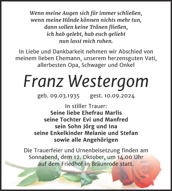 Traueranzeige von Franz Westergom von Trauerkombi Mansfelder Land