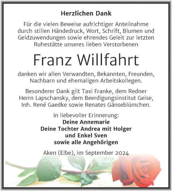 Traueranzeige von Franz Willfahrt von Trauerkombi Köthen