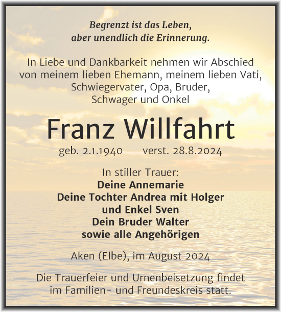 Traueranzeige von Franz Willfahrt von Trauerkombi Köthen