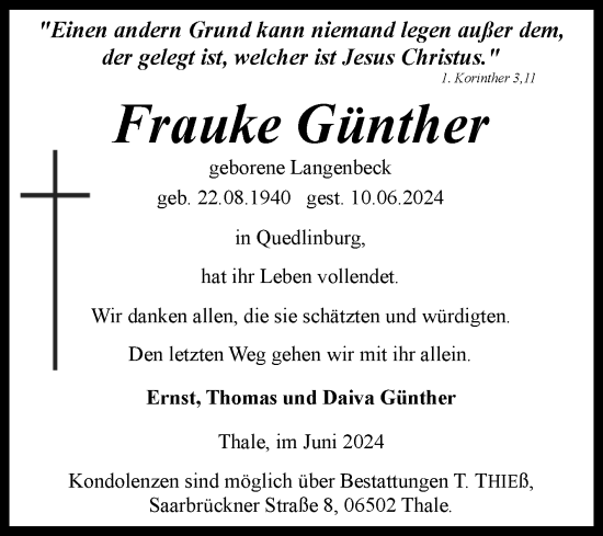 Traueranzeige von Frauke Günther von Mitteldeutsche Zeitung Quedlingburg