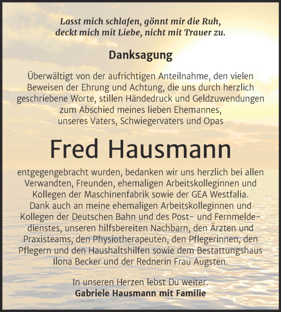 Traueranzeige von Fred Hausmann von Trauerkombi Sangerhausen