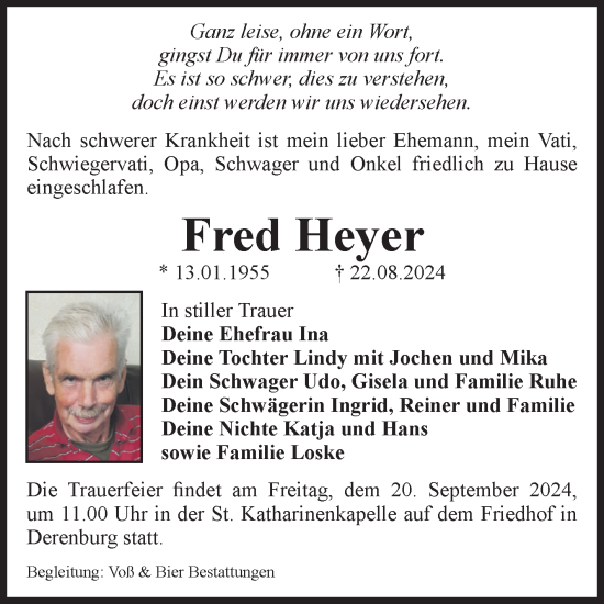 Traueranzeige von Fred Heyer von Volksstimme Wernigerode