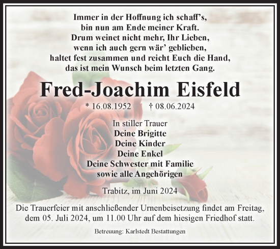 Traueranzeige von Fred-Joachim Eisfeld von Volksstimme Schönebeck