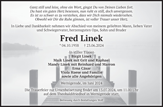 Traueranzeige von Fred Linek von Volksstimme Wernigerode