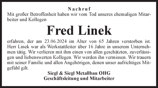 Traueranzeige von Fred Linek von Volksstimme Wernigerode