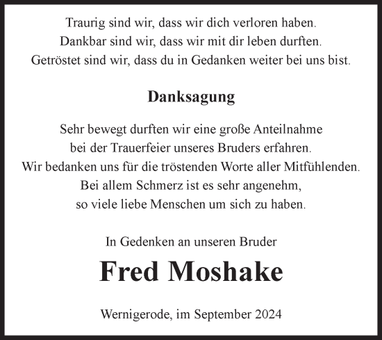 Traueranzeige von Fred Moshake von Volksstimme Wernigerode