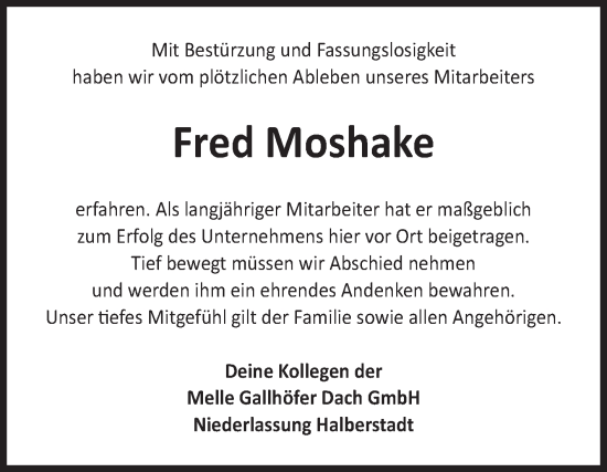 Traueranzeige von Fred Moshake von Volksstimme Halberstadt
