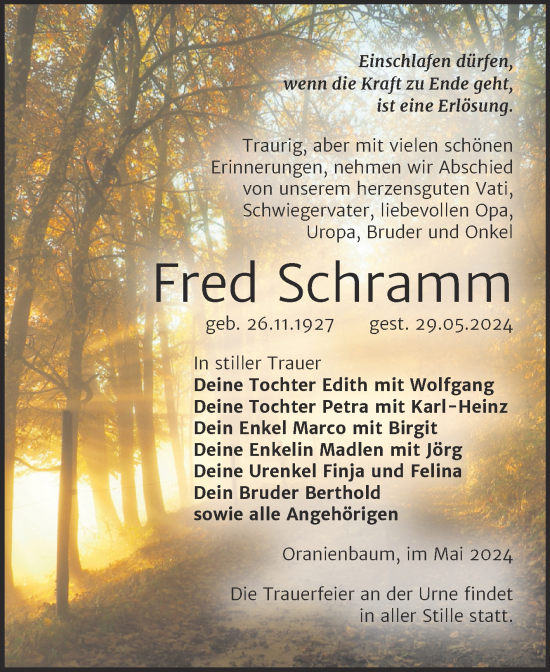 Traueranzeige von Fred Schramm von Trauerkombi Wittenberg
