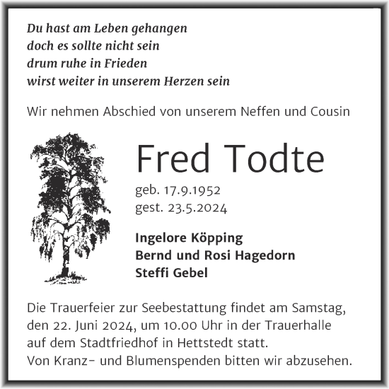 Traueranzeige von Fred Todte von Trauerkombi Mansfelder Land