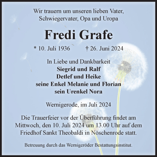 Traueranzeige von Fredi Grafe von Volksstimme Wernigerode