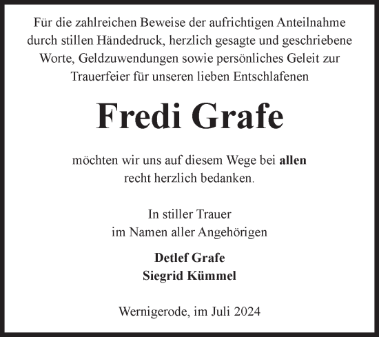 Traueranzeige von Fredi Grafe von Volksstimme Wernigerode