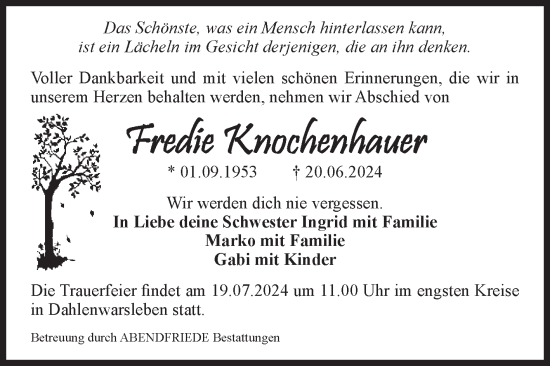 Traueranzeige von Fredie Knochenhauer von Volksstimme Haldensleben/Wolmirstedt