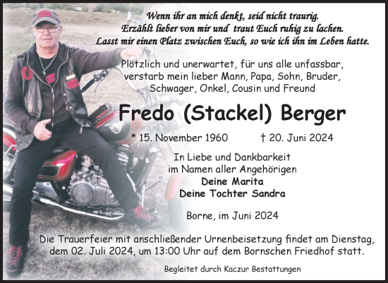 Traueranzeige von Fredo Berger von Volksstimme Staßfurt