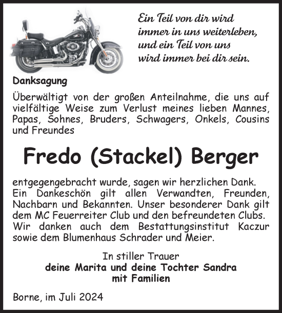 Traueranzeige von Fredo Berger von Volksstimme Staßfurt