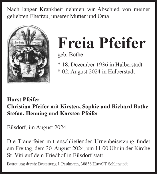 Traueranzeige von Freia Pfeifer von Volksstimme Halberstadt