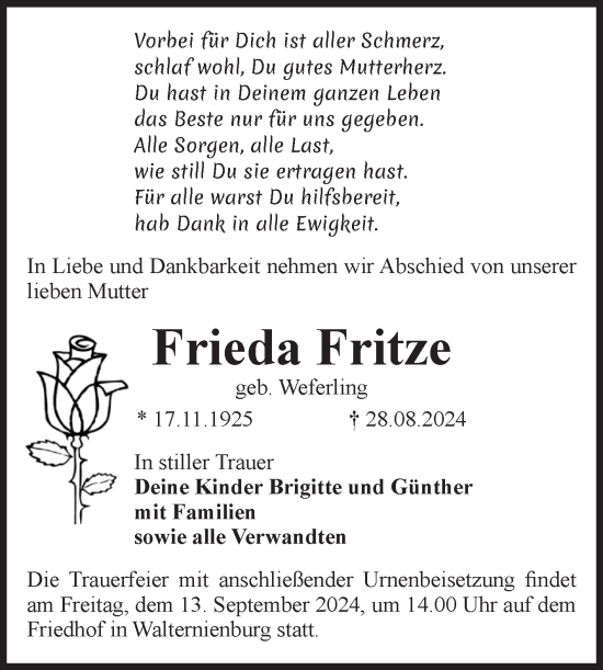 Traueranzeige von Frieda Fritze von Volksstimme Zerbst