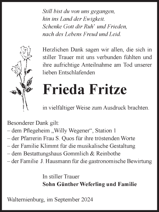 Traueranzeige von Frieda Fritze von Volksstimme Zerbst