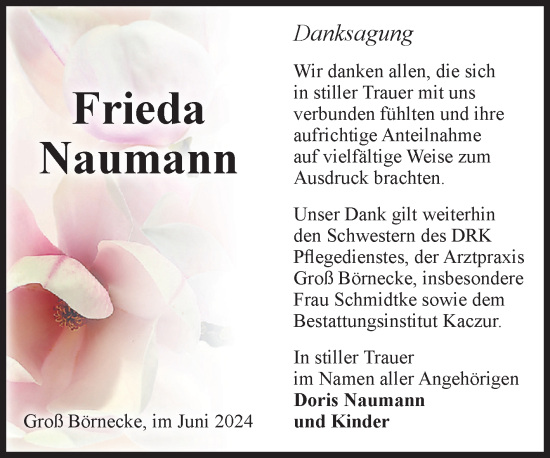 Traueranzeige von Frieda Naumann von Volksstimme Staßfurt