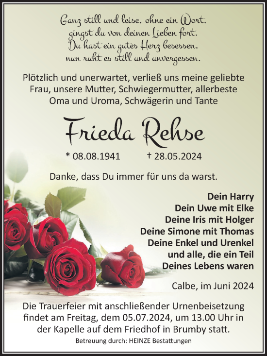 Traueranzeige von Frieda Rehse von Volksstimme Schönebeck