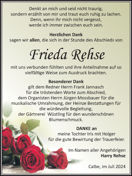 Traueranzeige von Frieda Rehse von Volksstimme Schönebeck