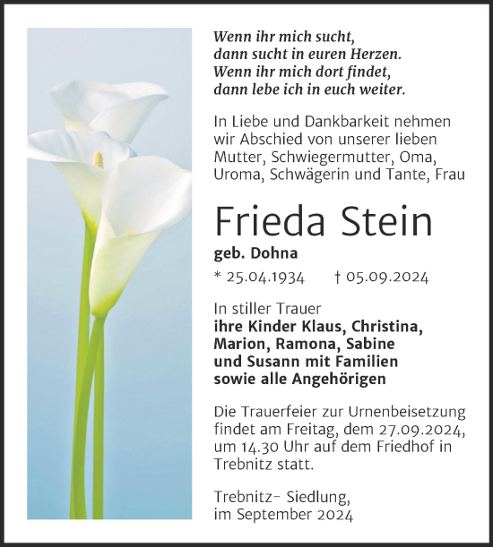 Traueranzeige von Frieda Stein von Trauerkombi Weißenfels