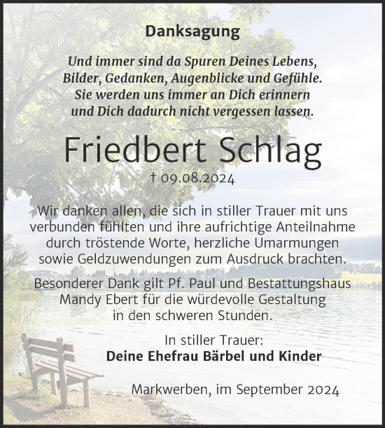 Traueranzeige von Friedbert Schlag von Trauerkombi Weißenfels