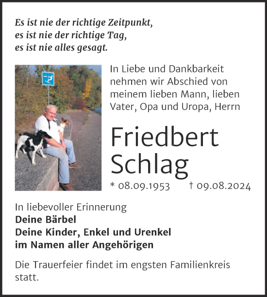 Traueranzeige von Friedbert Schlag von Trauerkombi Weißenfels