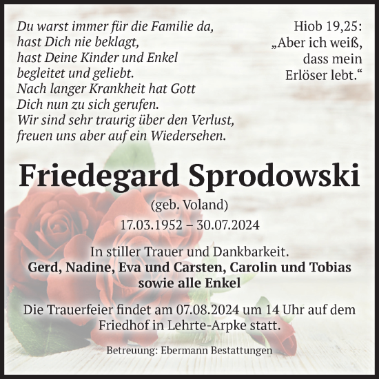 Traueranzeige von Friedegard Sprodowski von Volksstimme Altmark West