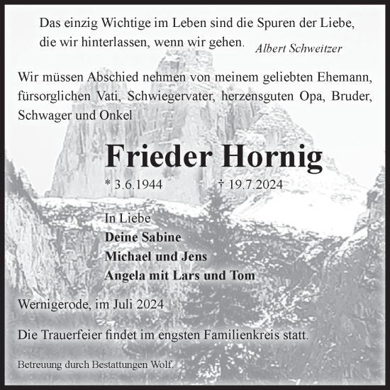 Traueranzeige von Frieder Hornig von Volksstimme Wernigerode