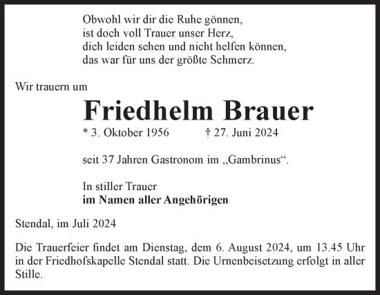 Traueranzeige von Friedhelm Brauer von Volksstimme Altmark Ost