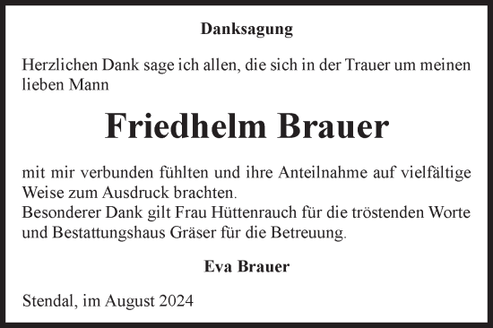 Traueranzeige von Friedhelm Brauer von Volksstimme Altmark Ost