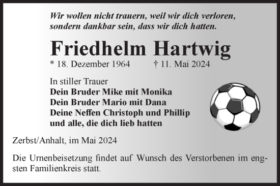 Traueranzeige von Friedhelm Hartwig von Volksstimme Zerbst