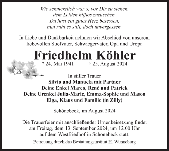 Traueranzeige von Friedhelm Köhler von Volksstimme Schönebeck