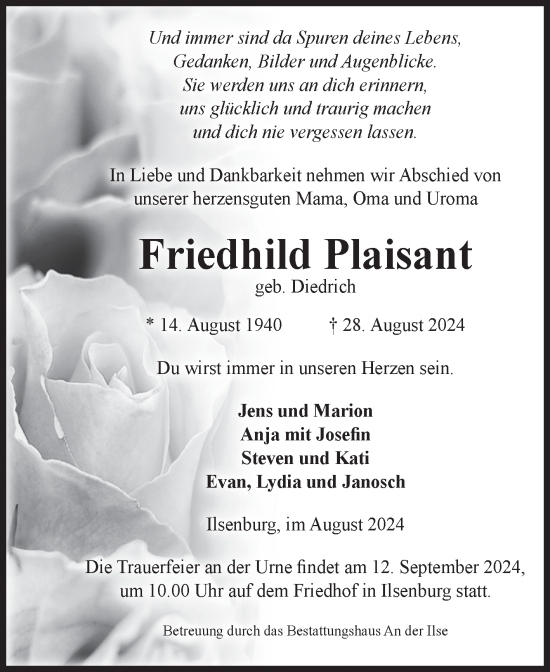 Traueranzeige von Friedhild Plaisant von Volksstimme Wernigerode