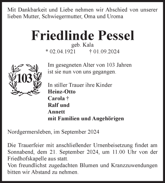 Traueranzeige von Friedlinde Pessel von Volksstimme Haldensleben/Wolmirstedt