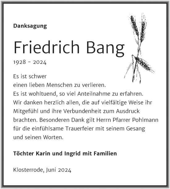 Traueranzeige von Friedrich Bang von Trauerkombi Sangerhausen