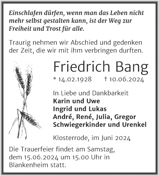Traueranzeige von Friedrich Bang von Mitteldeutsche Zeitung Sangerhausen
