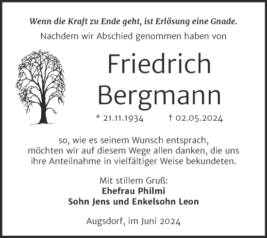 Traueranzeige von Friedrich Bergmann von Trauerkombi Mansfelder Land
