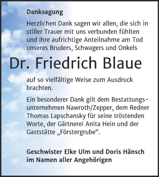 Traueranzeige von Friedrich Blaue von Trauerkombi Bitterfeld