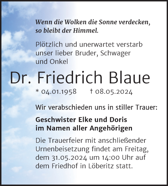 Traueranzeige von Friedrich Blaue von Trauerkombi Bitterfeld