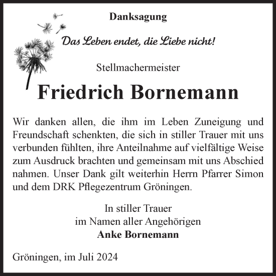 Traueranzeige von Friedrich Bornemann von Volksstimme Oschersleben/Wanzleben