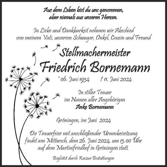 Traueranzeige von Friedrich Bornemann von Volksstimme Oschersleben/Wanzleben