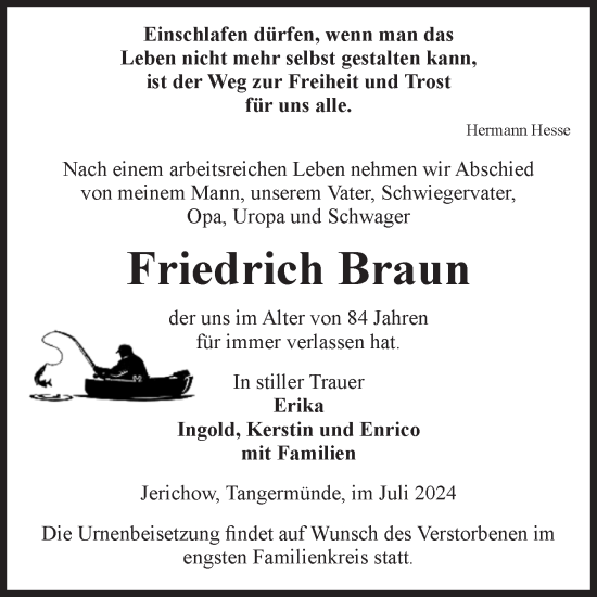 Traueranzeige von Friedrich Braun von Volksstimme Burg/Genthin
