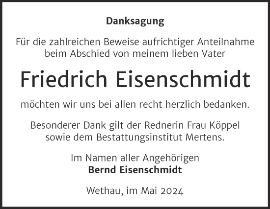 Traueranzeige von Friedrich Eisenschmidt von Naumburger Tageblatt
