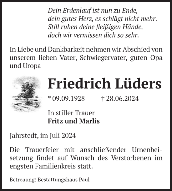 Traueranzeige von Friedrich Lüders von Volksstimme Altmark West