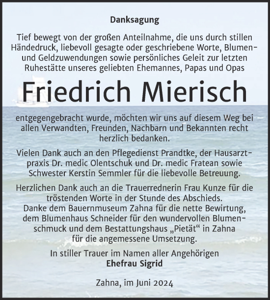Traueranzeige von Friedrich Mierisch von Trauerkombi Wittenberg