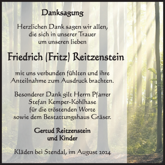 Traueranzeige von Friedrich  Reitzenstein von Volksstimme Altmark Ost