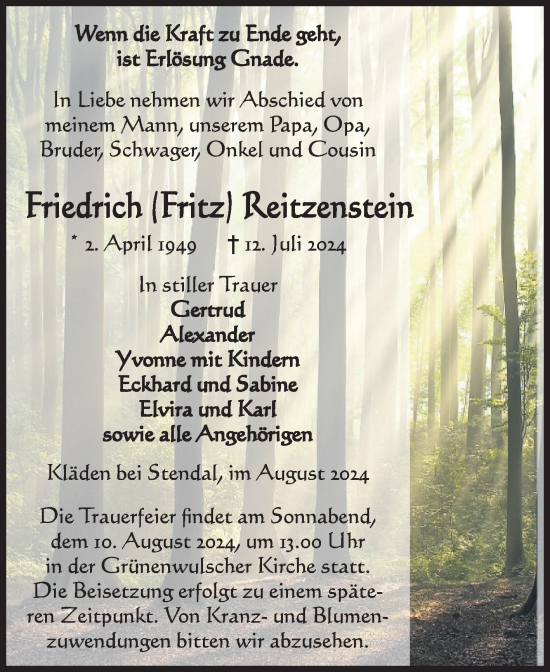 Traueranzeige von Friedrich  Reitzenstein von Volksstimme Altmark Ost