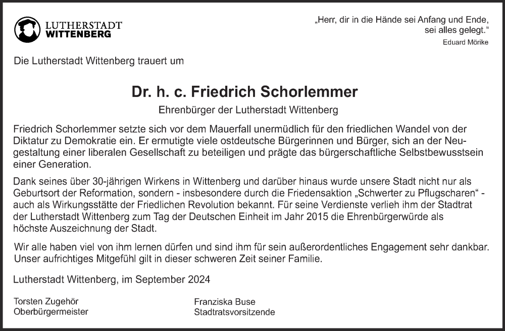  Traueranzeige für Friedrich Schorlemmer vom 14.09.2024 aus 